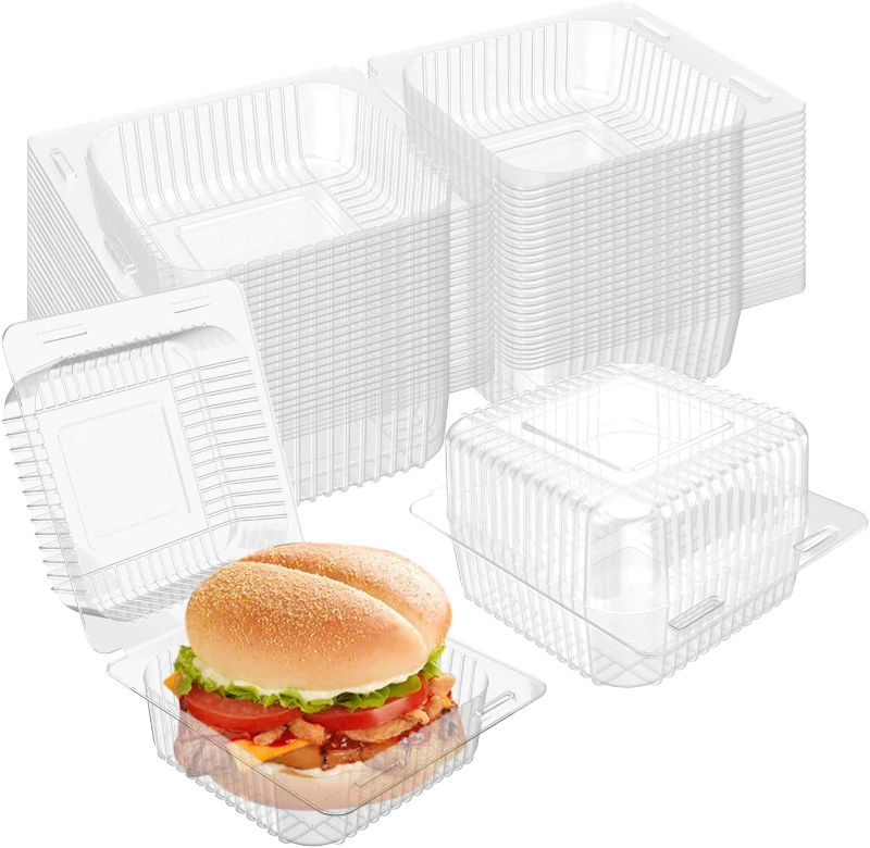 Photo 1 of 100 Pcs Clear Plastic Hinged Take Out Containers Disposable Clamshell Food Cake Containers with Lids 5.3 x 4.7 x 2.8 inch for Dessert, Cakes, Cookies, Salads, Pasta, Sandwiches 