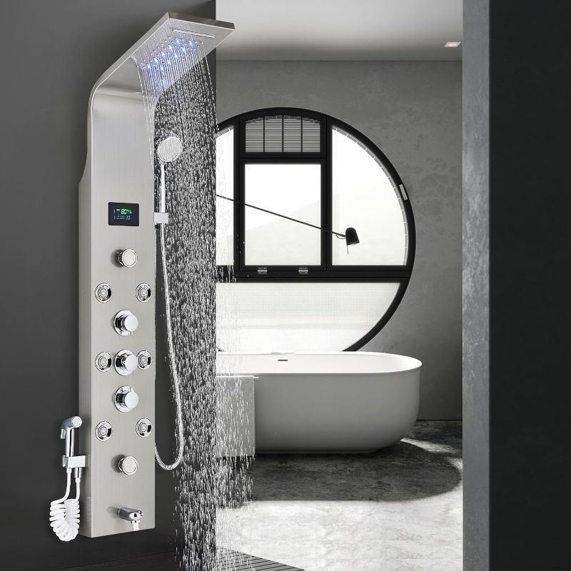 Photo 1 of AlenArt Shower Panel Tower System,7-Function Shower Wall Panel, LED Rain Waterfall Shower Column Head,Shower Tower Panel With full Body Shower System Tub Shower With Bidet, Brushed Nickel………
