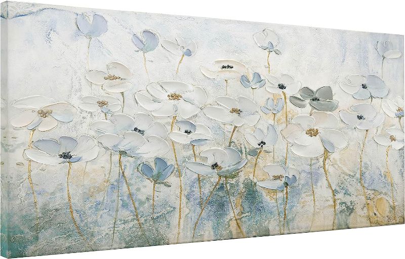 Photo 1 of ArtbyHannah 24x48 Large White Flower Canvas Paintings Wall Art, Textured 3D Hand-Painted Oil Painting on Canvas for Bedroom Living Room Home Decoration 