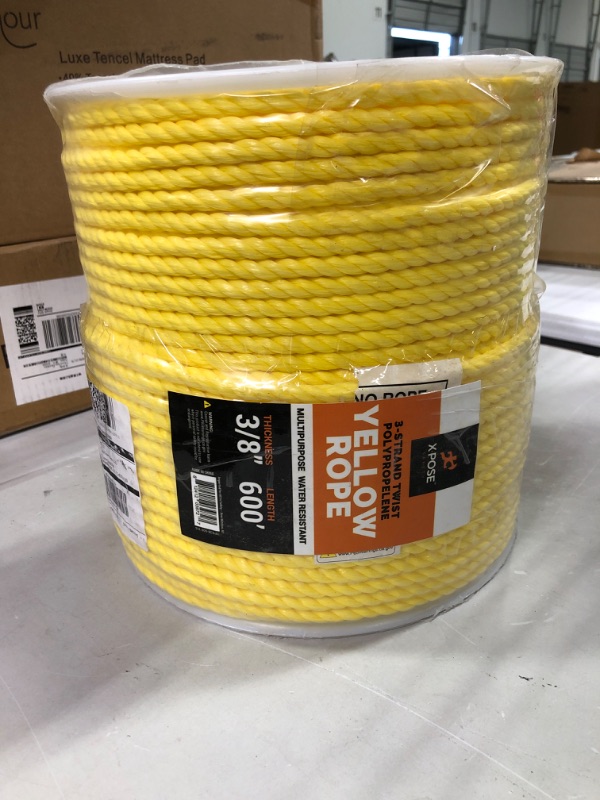 Photo 1 of Yellow Twisted Polypropylene Rope - 3/8" Floating Poly Pro Cord 600 Ft - Resistant to Oil, Moisture, Marine Growth and Chemicals - Reduced Slip, Easy Knot, Flexible - by Xpose Safety 3/8" x 600' 1