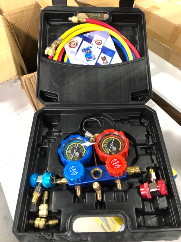 Photo 3 of VEVOR AC Gauge Set - 3 Way AC Manifold Gauge Set for R134A R22 R12 R502 Refrigerant, Freon Gauges with 5ft Hoses, Couplers, Can Tap Works on Car Auto Freon Charging and Evacuation 3 Way Set