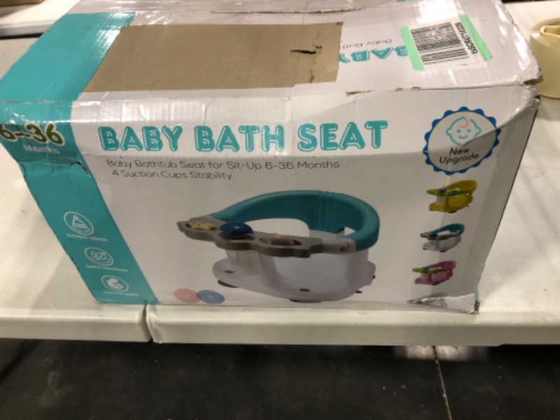 Photo 1 of Baby Bath Seat - 2 Rotating Toys + 1 Pressing Toy - Ergonomic Backrest - Side Opening Design - 4 Powerful Non-Slip Suction Cups - Ideal Gift for Infant 6-36 Months (A-White)