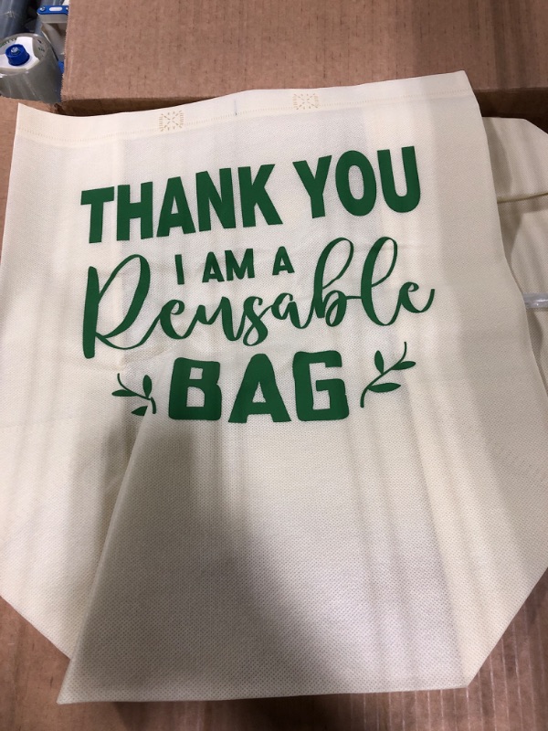 Photo 2 of 100 Pcs Reusable Shopping Bags Thank You Tote Bags Bulk Reusable Non Woven Tote Bags with Handles Washable Foldable Gift Bags for Shopping Gift Parties Boutiques Retail