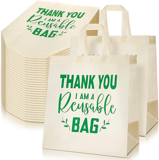 Photo 1 of 100 Pcs Reusable Shopping Bags Thank You Tote Bags Bulk Reusable Non Woven Tote Bags with Handles Washable Foldable Gift Bags for Shopping Gift Parties Boutiques Retail