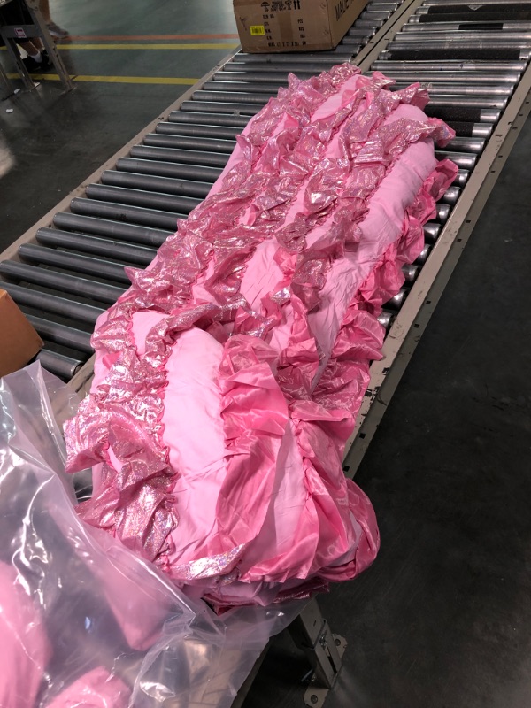 Photo 1 of A Nice Night Waterfall Flutter Ruffle Comforter Sets, Bling Glossy Ruffled Chic Princess 6pcs Bedding Set,with Shiny Sequin Throw Pillow Case,Pink,Twin Brightpink Twin-6PCS