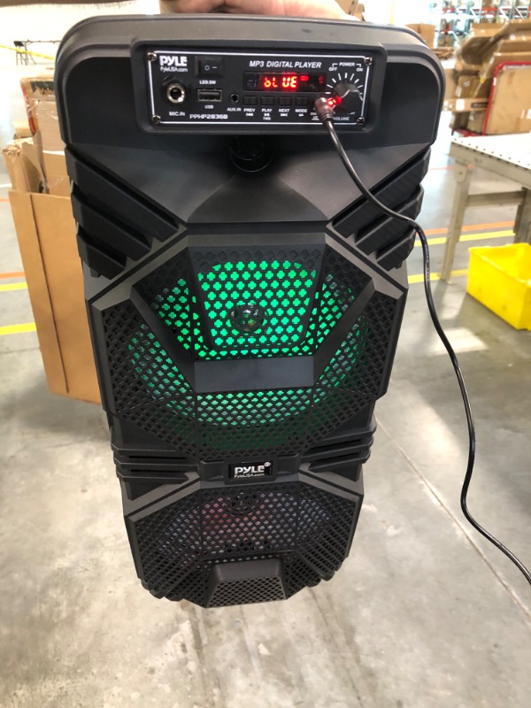 Photo 3 of POWERS ON, AUDIO CONFIRMED AFTER PLUGGING IN. LIGHTS WORK. UNABLE TO TEST MP3 PERFORMANCE

Pyle Bluetooth PA Speaker System - 600W Rechargeable Outdoor Bluetooth Speaker Portable PA System w/ Dual 8” Subwoofer 1” Tweeter, Microphone In, Party Lights, USB,