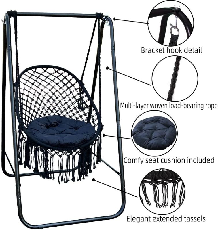 Photo 3 of YUCAN Hammock Chair Stand with Backrest Hanging Chair Included, Extended Macrame Hanging Cotton Rope Chair with a Pillow for Indoor and Outdoor(Black), Large size