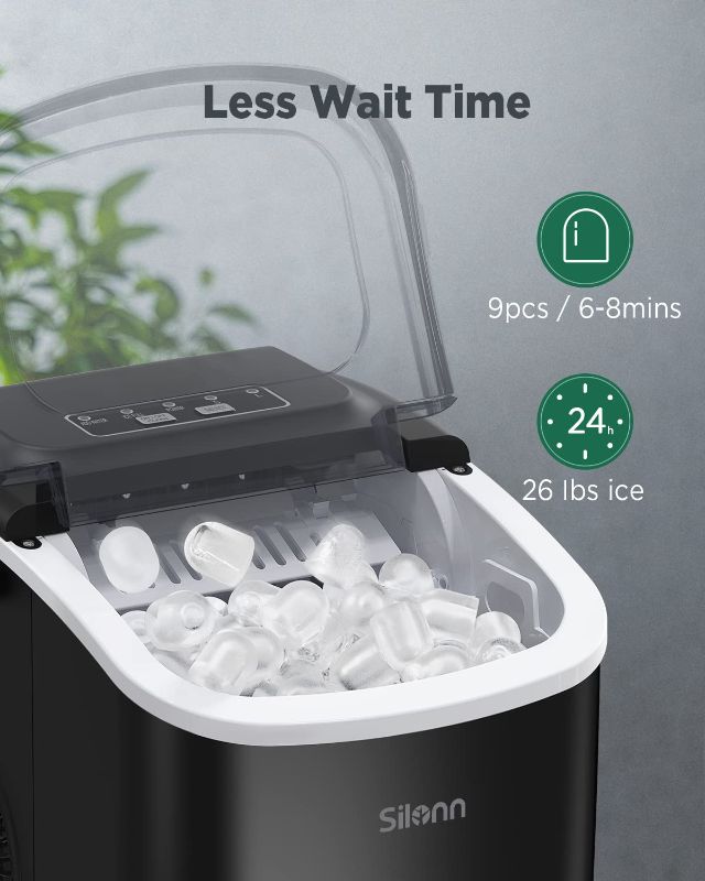 Photo 2 of  Countertop Ice Maker, 9 Cubes Ready in 6 Mins, 26lbs in 24Hrs, Self-Cleaning Ice Machine with Ice Scoop and Basket, 2 Sizes of Bullet Ice for Home Kitchen Office Bar Party, Black (SLIM09) Black Ice Maker