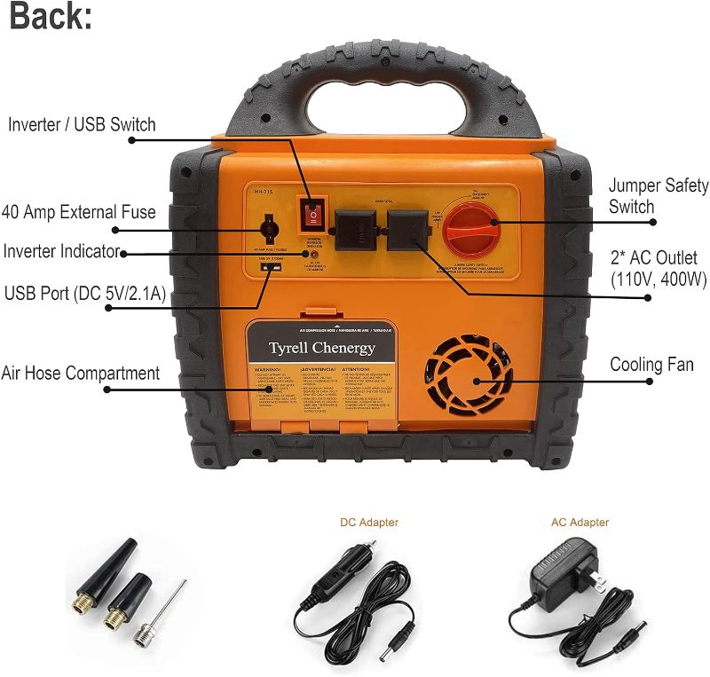 Photo 2 of Portable Car Jump Starter 1400 Amp High Performance Power Station with Double AC 110 Volt Inverter Outlets 400W, 260 PSI Air Compressor, Double DC Sockets 12V/11A, 5V/2.1A USB Ports