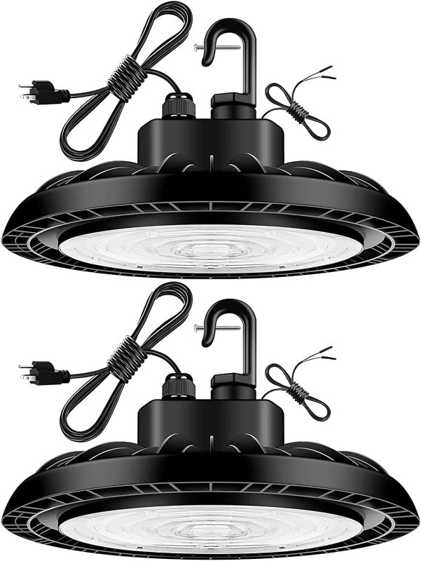 Photo 1 of CINOTON 150W UFO LED High Bay Lights with US Plug, 22500LM[600W HID/HPS Equiv.] IP65 Waterproof Commercial Bay Lighting for Warehouse Factory Garage 100-277V Universal ETL Listed 5000K-Daylight 2 Pack