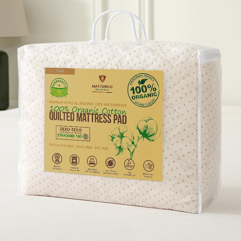 Photo 1 of 
Luxury Quilted Waterproof Organic Mattress Pad Protector Californiat TWIN 100% Organic Cotton Hypoallergenic Breathable Mattress Pad Cover - Premium 380 GSM Comfort - Fitted Allergy Shield