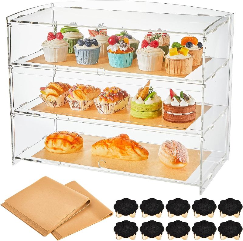 Photo 1 of 3 Tier Clear Acrylic Display Case Bakery Pastry Display Case ?Donut Cookie Display Cabinet Convenience Display Shelf with Chalkboard and Bakery Sheets for Commercial Counter Top Party Event Stores