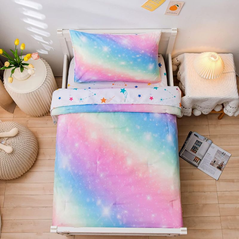 Photo 3 of NTBED 4 Pieces Toddler Bedding Set for Baby Girls, Rainbow Glitter Printed, Includes Comforter, Flat Sheet, Fitted Sheet and Pillowcase Pink Yellow