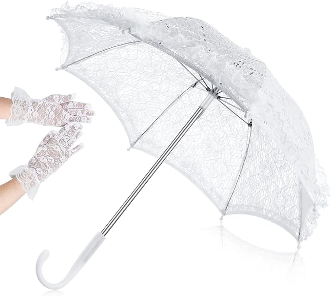 Photo 1 of Lace Umbrella Parasol Wedding Umbrella Lace Gloves Set Wedding Bridal Short Floral Tea Party 1920s Costume Decorations