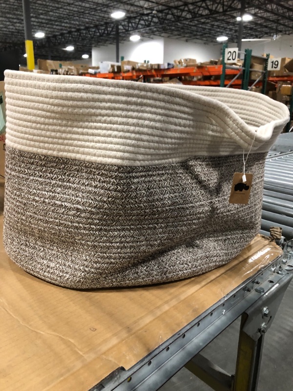 Photo 1 of Little Hippo XXXL Large Cotton Rope Basket (22"x14") 100% Natural Cotton! Rope Basket, Woven Storage Basket, Large Basket, Blanket Basket Living Room, Toy Basket, Pillow Basket (White & Brown)