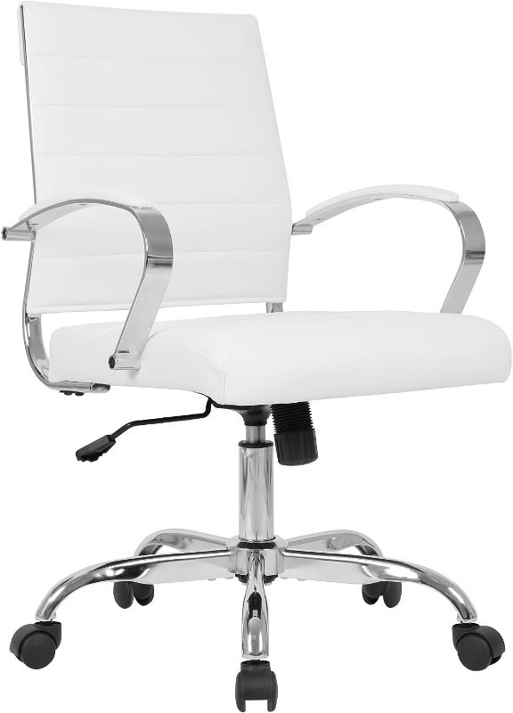 Photo 1 of LANDSUN Home Office Chair Mid Back Desk Chair PU Leather Ribbed Executive Swivel Computer Chair with Wheels and Armrests Soft Padded Adjustable Height Conference Task White 1SET