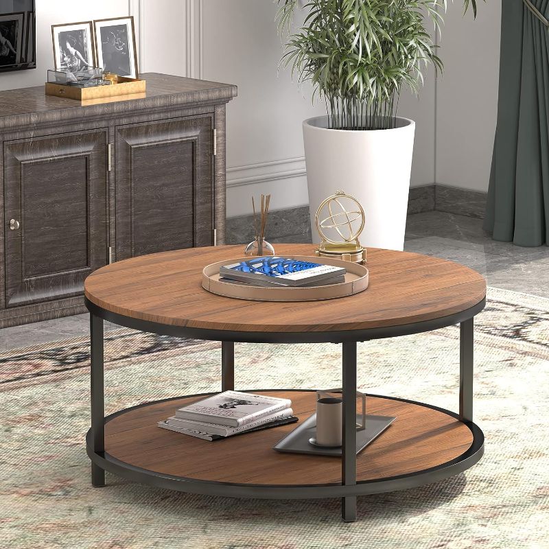 Photo 1 of 4.5 4.5 out of 5 stars 1,099 Reviews
WiberWi Round Coffee Table 35.8" Rustic Vintage Industrial Design Furniture Sturdy Metal Frame Legs Sofa Table Cocktail Table with Storage Open Shelf for Living Room, Easy Assembly, Vintage Brown