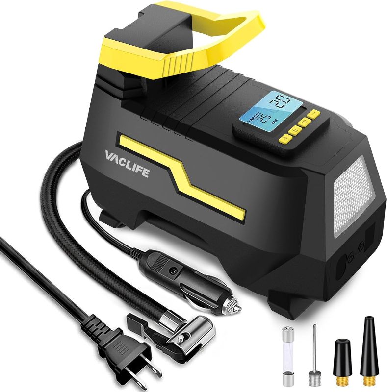 Photo 1 of VacLife AC/DC 2-in-1 Tire Inflator - Portable Air Compressor, Air Pump for Car Tires (up to 50 PSI), Electric Bike Pump (up to 150 PSI) w/Auto Shut-Off Function, Model: ATJ-1666, Yellow (VL708)