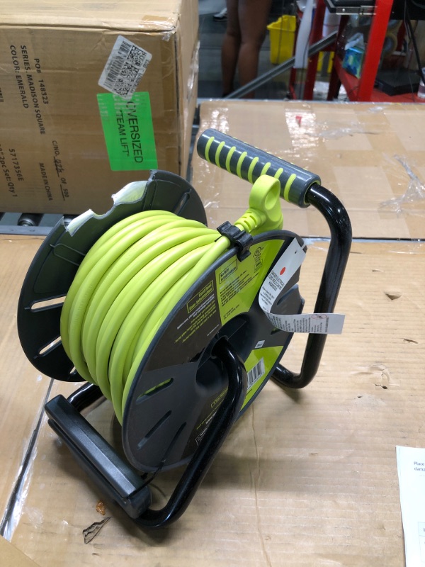 Photo 3 of Masterplug Power At Work Four Power Outlets, Open Cord Reel with Winding Handle, Overload Circuit Breaker and Power Switch, 80 Feet 14AWG, High Visibility Cord, Green