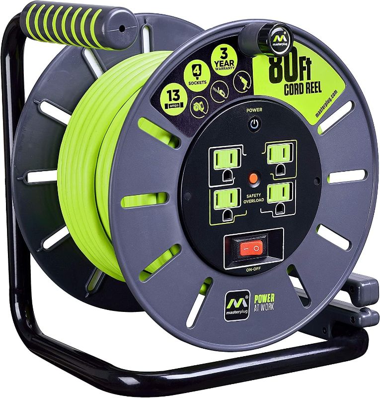 Photo 1 of Masterplug Power At Work Four Power Outlets, Open Cord Reel with Winding Handle, Overload Circuit Breaker and Power Switch, 80 Feet 14AWG, High Visibility Cord, Green