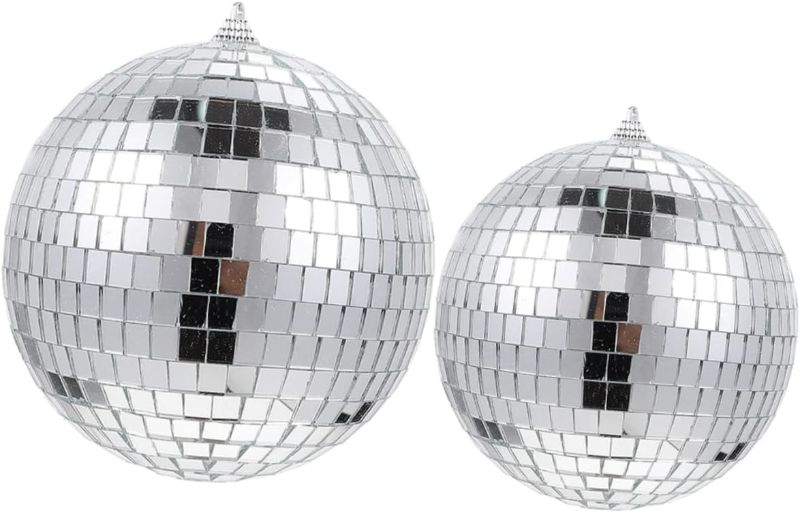 Photo 1 of 2pcs disco ball christmas decor cake toppers mirror glass disco hanging ornament Party Disco Light mirror ball light Disco Party Decoration Xmas Mirror Ball Reflective Mirror Ball
