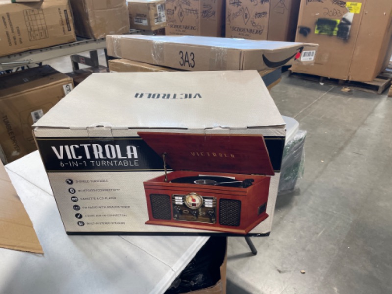 Photo 4 of Victrola Nostalgic 6-in-1 Bluetooth Record Player & Multimedia Center with Built-in Speakers - 3-Speed Turntable, CD & Cassette Player, FM Radio | Wireless Music Streaming | Mahogany Mahogany Entertainment Center