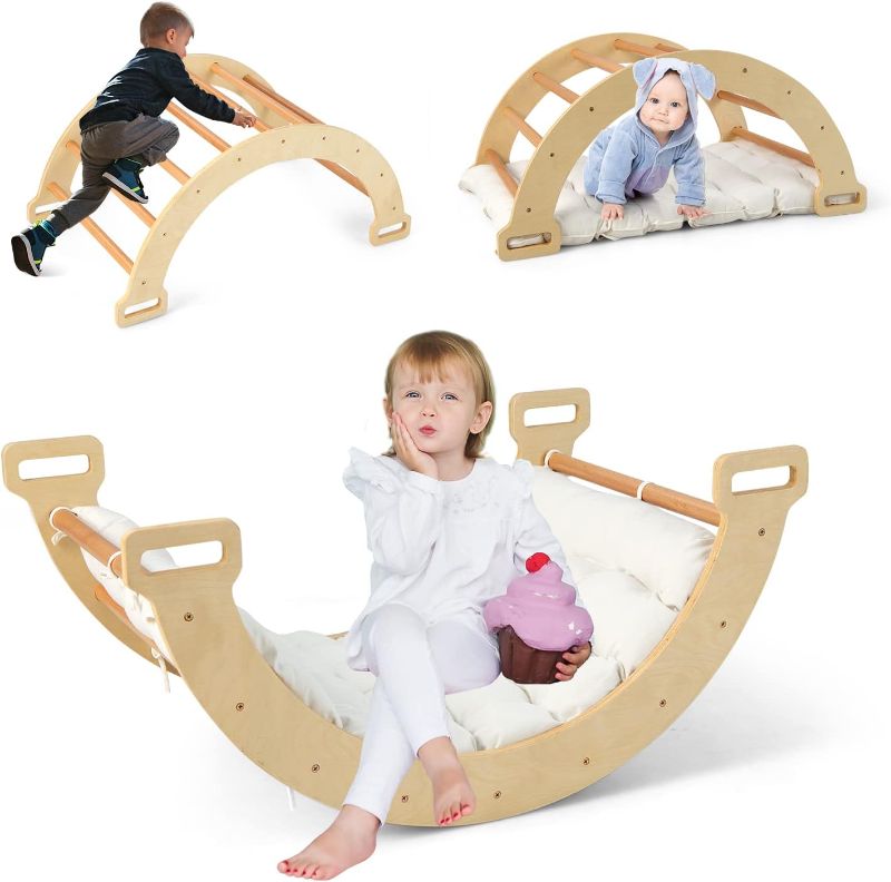 Photo 1 of INFANS 4 in 1 Arch Climbing Toys for Toddlers, Montessori Wooden Arch Climber Ladder Structure and Rocker with Cushion Pad, Waldorf Children Indoor Outdoor Gym Learning Playset for Kids Boys Girls