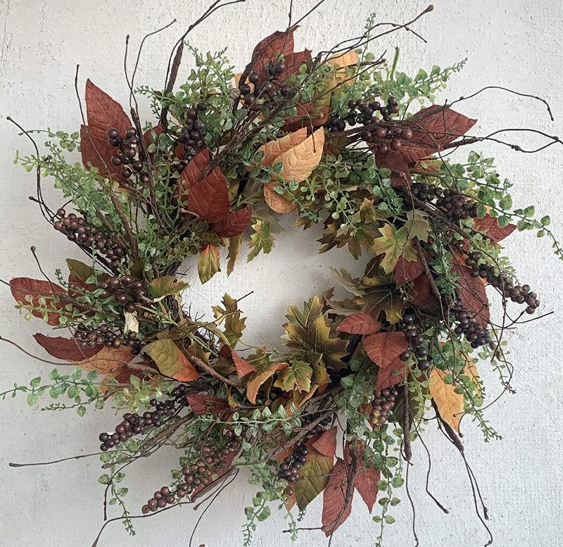 Photo 1 of 24 Inch Fall Front Door Wreath Burgundy Berry Wreath with Mixed Magnolia Maple Leaves Large Decor on Farmhouse Grapevine for Christmas Celebration Front Door Wall Window Home Decoration