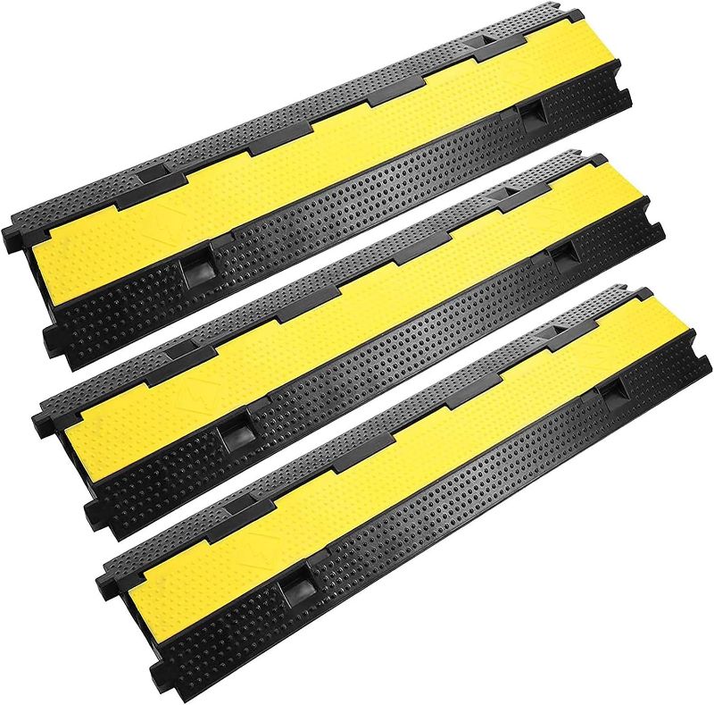Photo 1 of Reliancer 3 Pack Dual Channel Rubber Cable Protector Ramp 2 Channel Traffic Speed Bump 11000lbs Capacity Heavy Duty Driveway Hose Cover Ramp Cord Track Protector Wires Concealer w/Flip-Open Top Cover
