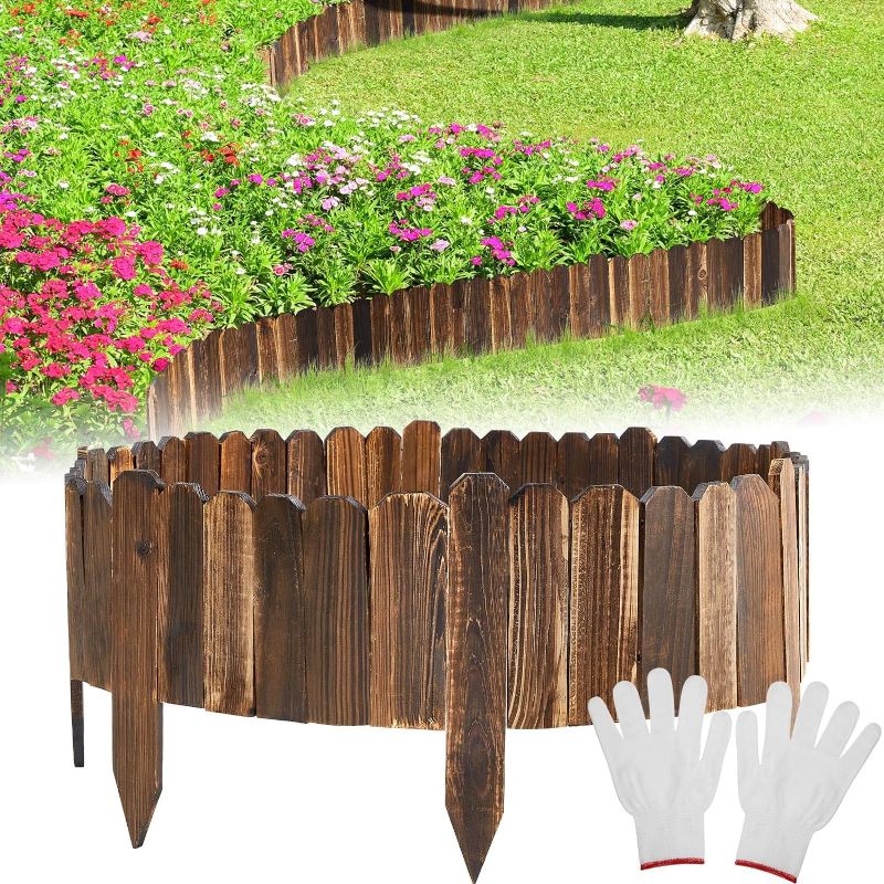 Photo 1 of  Wood Landscape Edging Border 7.9 Inch x 3.94 ft Garden Wooden Fence Anti Corrosive Fencing for Garden Beds Flexible Decorative Garden Fence Border with Gloves for Outdoor Yard Lawn