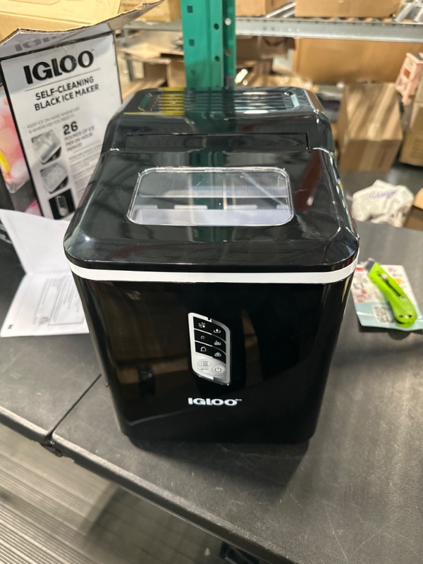 Photo 1 of Igloo Automatic Ice Maker, Self- Cleaning, Countertop Size, 26 Pounds in 24 Hours, 9 Large or Small Ice Cubes in 7 Minutes, LED Control Panel, Scoop Included, Perfect for Water Bottles, Mixed Drinks Black
