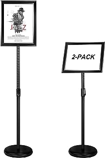 Photo 1 of Adjustable Heavy Duty Poster Sign Holder Stand Floor Sign Stand Aluminum Snap Open Frame for 8.5 x 11 inches Both Vertical and Horizontal View Displayed Used for Living and Business(Black-2Pack)) Black 8.5x11inches(2Pack)