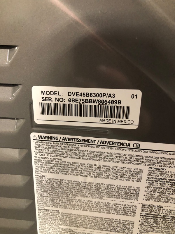 Photo 8 of ***THE CABLE IS MISSING, IT IS USED BUT LOOKS LIKE NEW....DETAILS ARE SPECIFIED IN PHOTOS***

Samsung 27 Inch Wide 7.5 Cu. Ft. Smart Electric Dryer with Steam Sanitize+
Model:DVE45B6300P