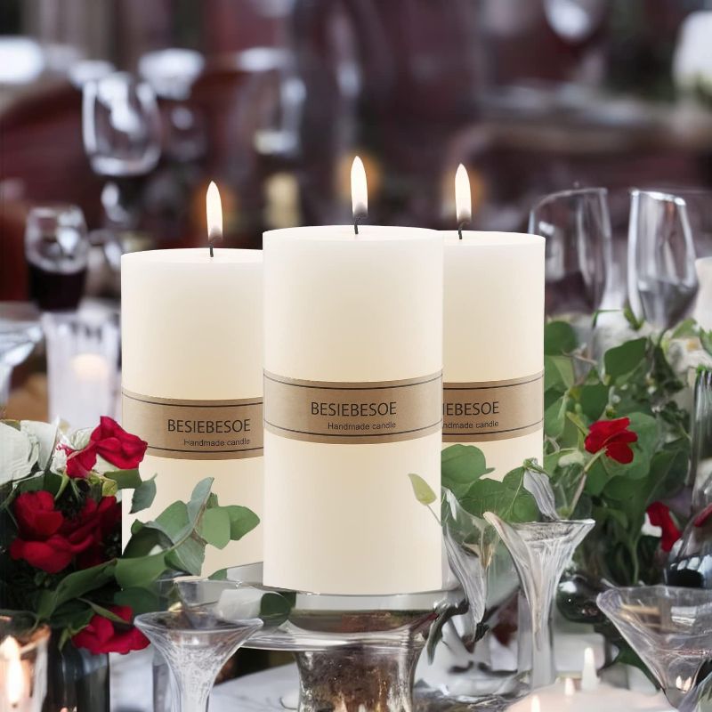 Photo 1 of 
3" x 8"Pillar Candles Set of 3 Ivory Unscented Handpoured Weddings, Home Decoration, Restaurants, Spa, Church Smokeless Cotton Wick 360 Hour