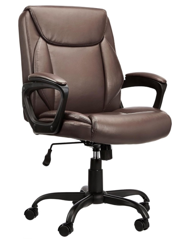 Photo 1 of Amazon Basics Classic Puresoft PU Padded Mid-Back Office Computer Desk Chair with Armrest - Brown, 25.75"D x 24.25"W x 42.25"H