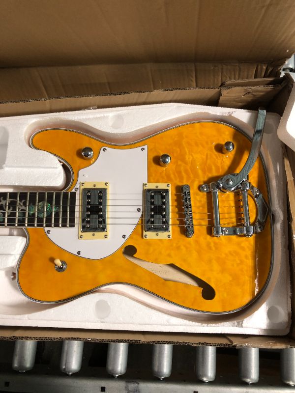 Photo 5 of ZUWEI Semi Hollow Body Electric Guitar Custom Shop 22 Frets, Quilted Maple Top,Canada Maple Neck Flower Inlay(yellow)