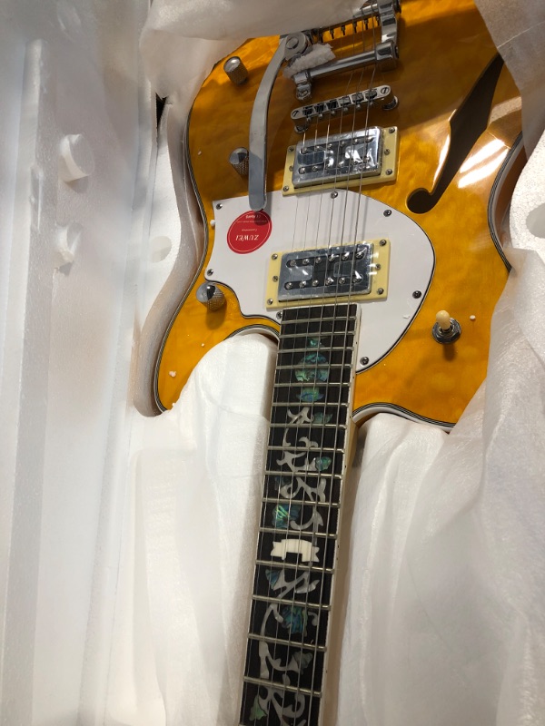 Photo 3 of ZUWEI Semi Hollow Body Electric Guitar Custom Shop 22 Frets, Quilted Maple Top,Canada Maple Neck Flower Inlay(yellow)