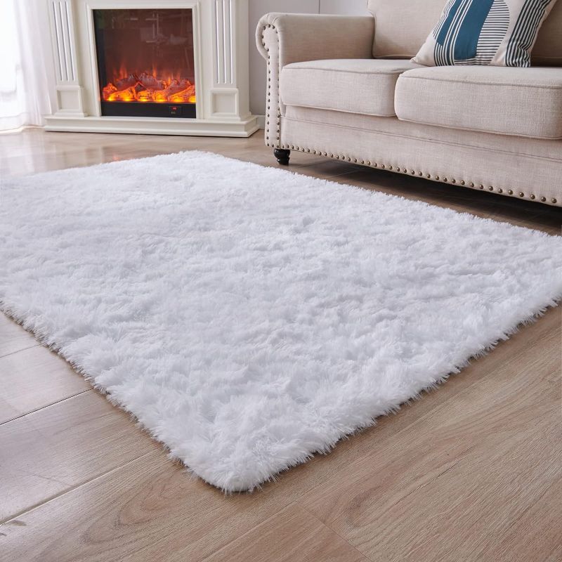 Photo 1 of  Area Rug 4x6 Feet, Modern Indoor Nursery Fluffy Rug for Living Room Bedroom Kids Room, Rectangular Shaggy Rug, White