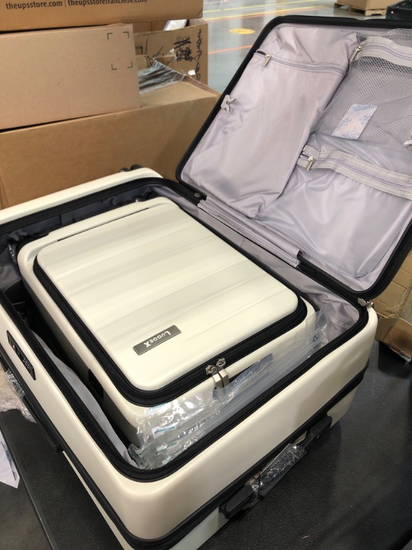 Photo 2 of LUGGEX White PC Luggage Sets 2 Pieces, 20 Inch Carry On Luggage with USB Port and 26 Inch Checked Suitcase with Front Opening, Only 26" Expandable