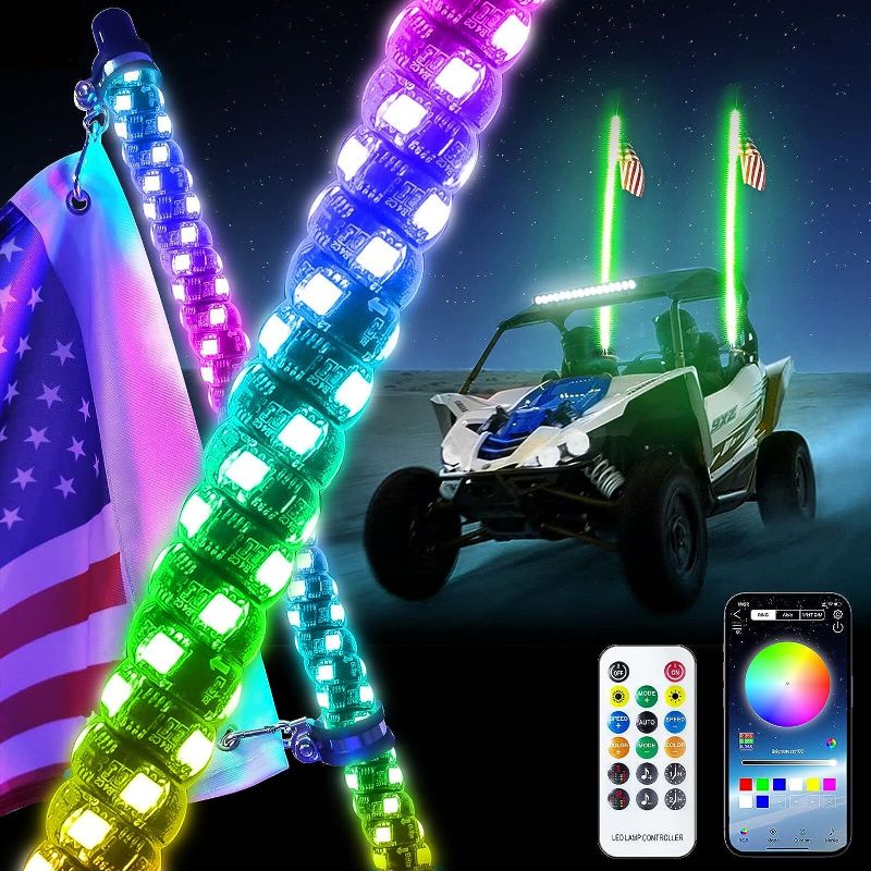 Photo 1 of 2PCS 3FT LED Whip Lights,RF Wireless Remote,500 Kinds Patterns 600 Kinds of Color Combinations,RGR Chasing Lighted Antenna Whips,for UTV, ATV, Off Road, Truck, Sand, Buggy Dune, RZR.