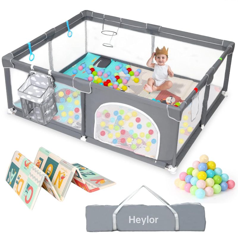 Photo 1 of Baby Playpen with Mat, 79"x59" Extra Large Playpen for Babies and Toddlers, Non-Toxic and BPA-Free Baby Playard, Indoor & Outdoor Kids Activity Center with Safety Gates and Breathable Mesh, Dark Grey