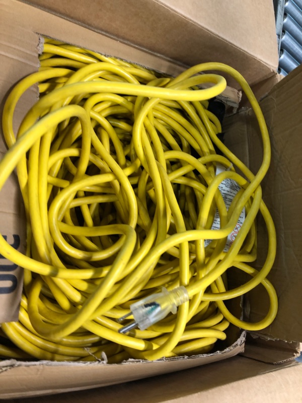 Photo 2 of 100 ft - 10 Gauge Heavy Duty 3-Outlet Lighted SJTW Indoor/Outdoor Yellow Extension Cord by Watt's Wire - Long 100' 10-Gauge Grounded 15-Amp Power-Cord (100 Foot 10-Awg Yellow) 100 Ft Yellow