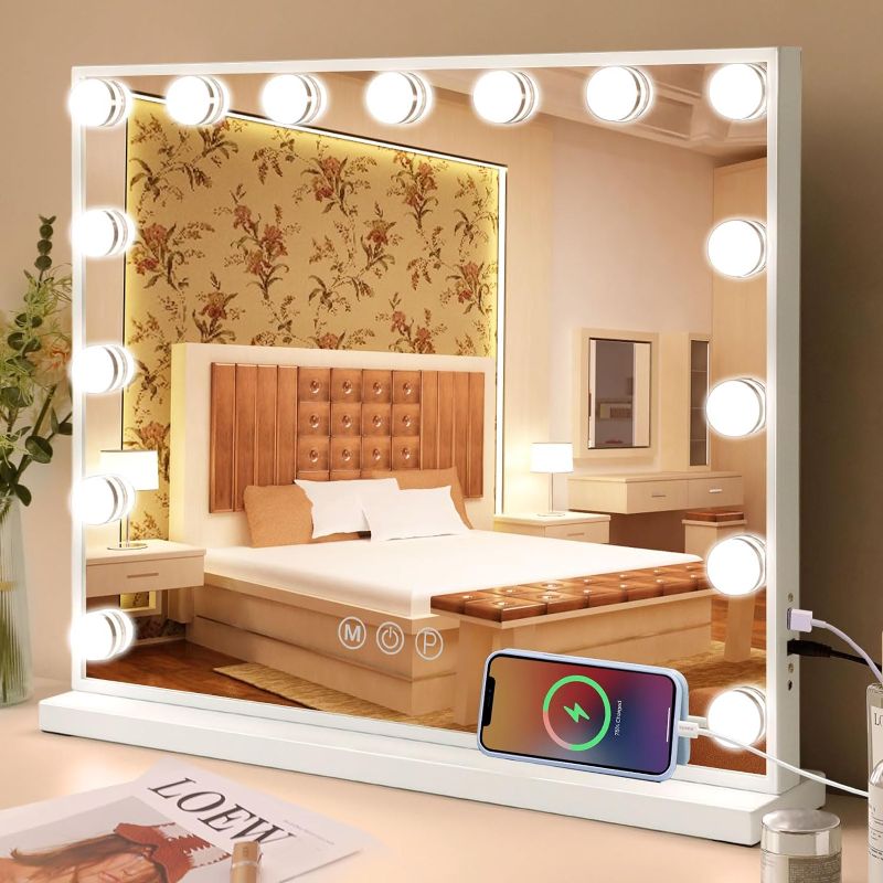 Photo 1 of  Vanity Mirror with Lights 22.8"x 18.1" Makeup Mirror with Lights and 15 Dimmable Bulbs,3 Colors Modes,Hollywood Mirror with USB Charging Port and 10X Detachable Magnification Mirror,White
