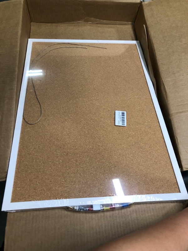 Photo 1 of Cork Board Bulletin Board 23 x 15.7 Inches with Rectangle White Frame Hanging Pin for Walls Office Message Board or Vision Board Decoration White Border Color 23 x 15.7 Inches