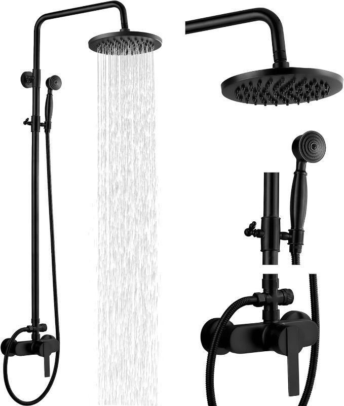 Photo 1 of Airuida Matte Black Exposed Pipe Shower System Single handle 8 Inch Rainfall Shower Fixture Solid Copper Diverter Adjustable Shower Head Bar Modern Dual Functions Shower Faucet Combo Unit Set