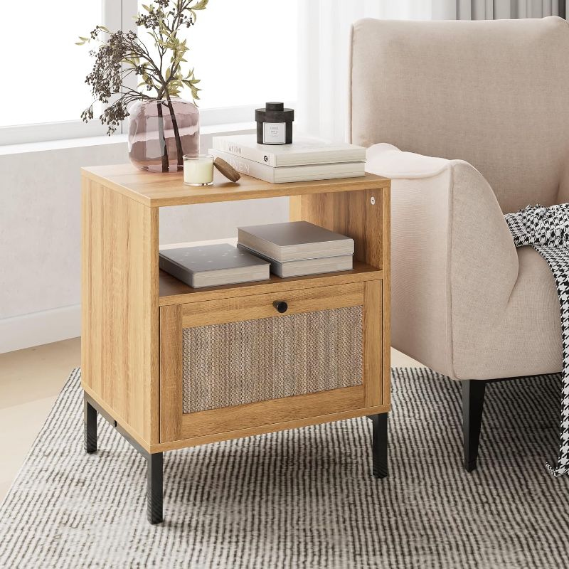 Photo 1 of Masupu Rattan Nightstand,Modern Boho Farmhouse Wood Bedside Table with Storage Drawer and Open Shelf,Large End Table for Bedroom,Living Room,Office(Oak/Black)