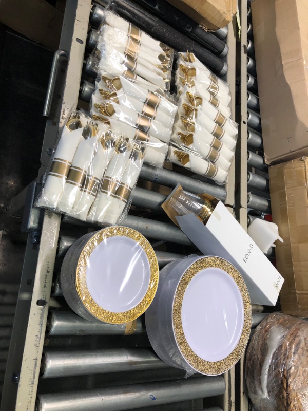 Photo 3 of 350 Piece Gold Dinnerware Set for 50 Guests, Plastic Plates Disposable for Party, Include: 50 Gold Rim Dinner Plates, 50 Dessert Plates, 50 Paper Napkins, 50 Cups, 50 Gold Silverware Set