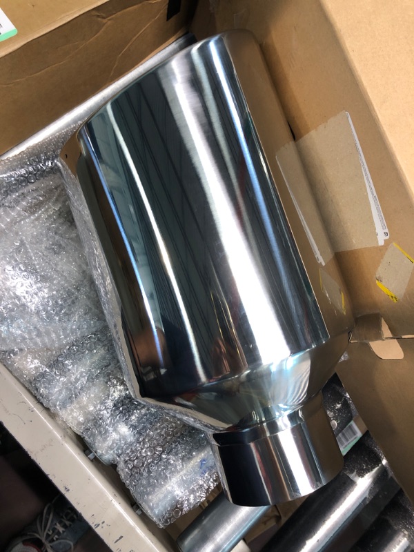 Photo 3 of 4 inch Inlet Diesel Truck Tailtip, 8 inch Outlet Exhaust Tip, 15 inch Length Muffler Tip, Rolled End Angle Cut Polished 4“x8“x15“