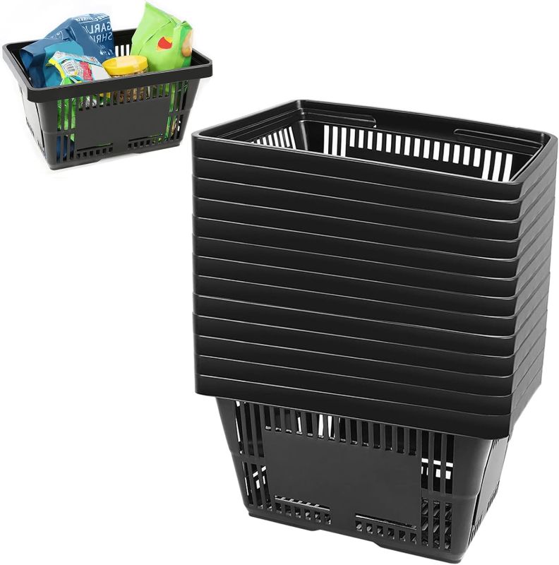 Photo 1 of 21L Shopping Basket Black Basket With Plastic Handles For Supermarket shop Black Plastic Shopping Basket Convenient Sundries Laundry Basket 12 Pack Shopping Basket 21L(Black) 12 Baskets