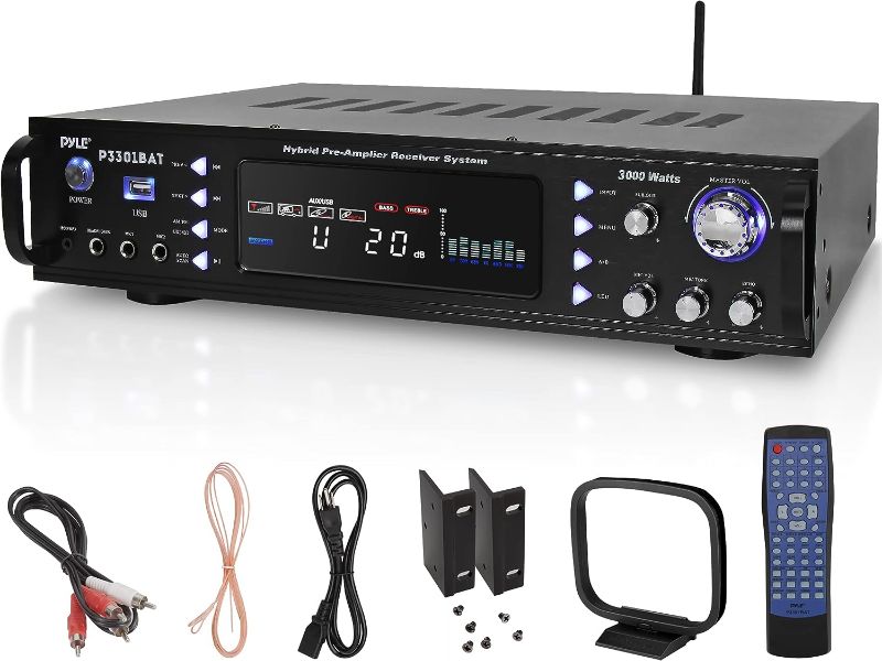 Photo 1 of Pyle Wireless Bluetooth Home Stereo Amplifier - Hybrid Multi-Channel 3000 Watt Power Amplifier Home Audio Receiver System w/AM/FM Radio, MP3/USB,AUX,RCA Karaoke Mic in - Rack Mount, Remote - P3301BAT
***MISSING REMOTE CONTROL***